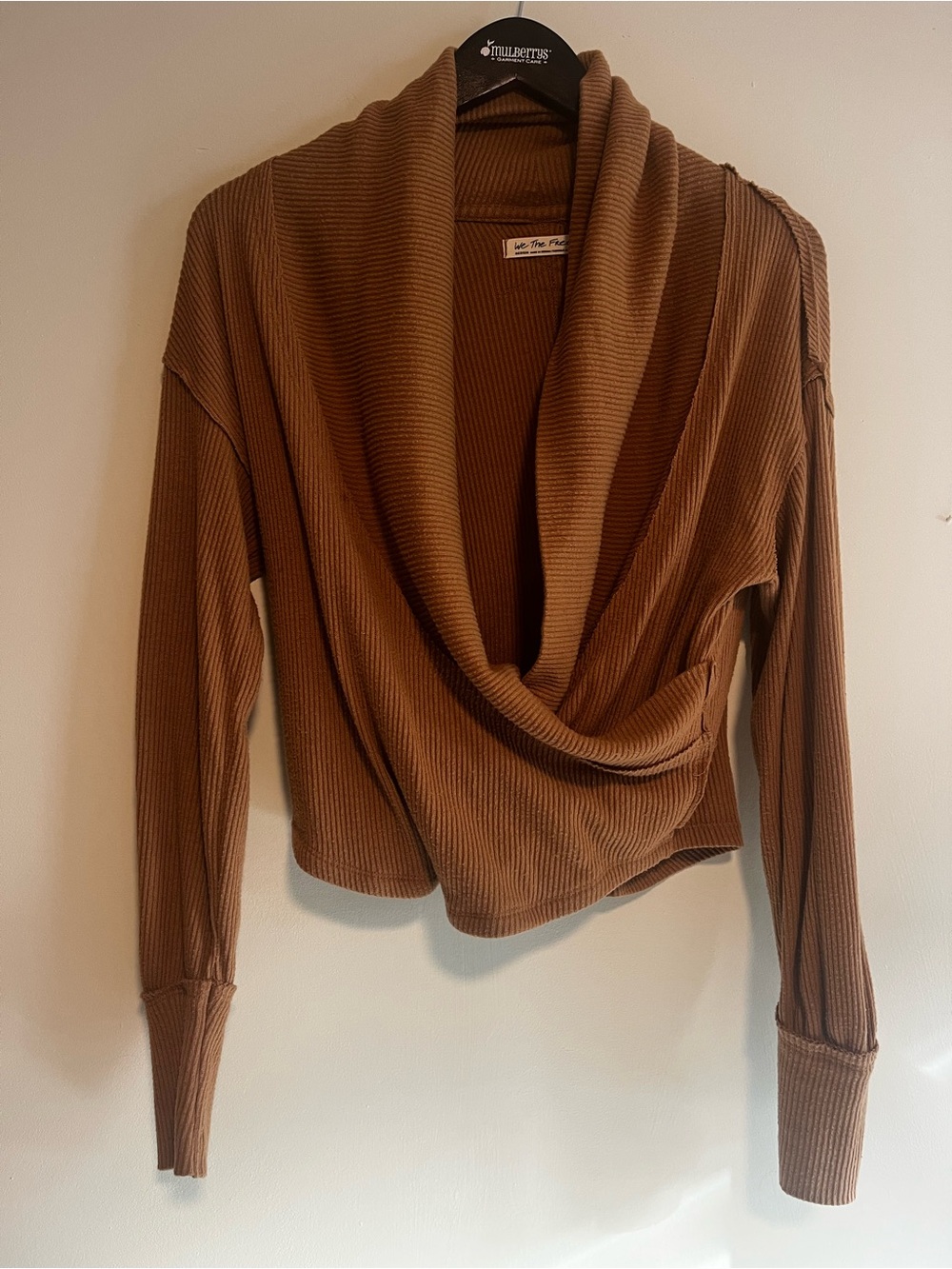 We The Free Ribbed Draped Cowl-Neck Sweater in Camel Brown